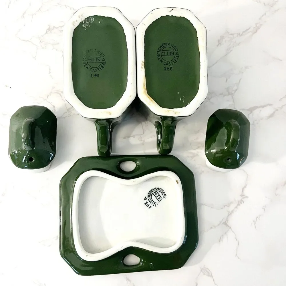 Vintage Lidded Shenango China Oil & Vinegar Cruet Set with Tray Forest Green